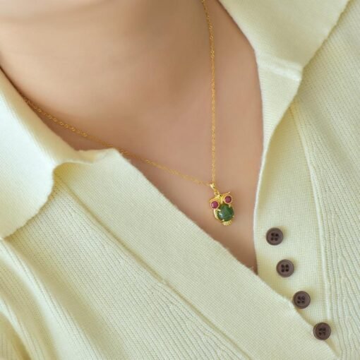Natural green jade pendant/Sterling 925Silver 18KGold-Plated Owl pendant/Customize gift box/anniversary gift/raw jade pendant/Owl necklace - Image 3