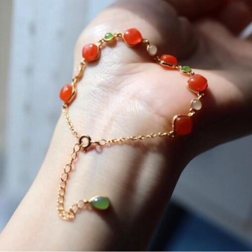 Natural red agate bracelet/Sterling 925Silver 18KGold-Plated agate  bracelet with green jade/Customize gift box/anniversary bracelet gift - Image 2