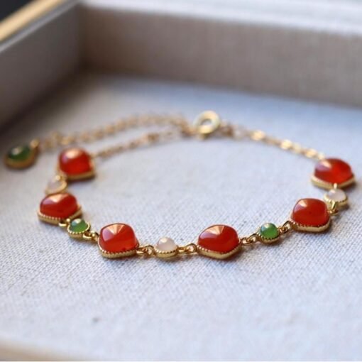 Natural red agate bracelet/Sterling 925Silver 18KGold-Plated agate  bracelet with green jade/Customize gift box/anniversary bracelet gift - Image 4