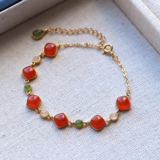 Natural red agate bracelet/Sterling 925Silver 18KGold-Plated agate  bracelet with green jade/Customize gift box/anniversary bracelet gift - Image 5