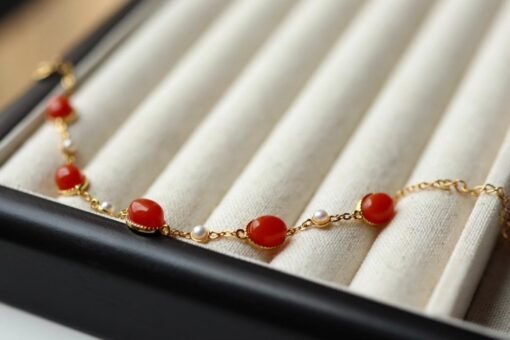Natural red agate bracelet/Sterling 925Silver 18KGold-Plated agate  bracelet with pearls/Customize gift box/anniversary bracelet gift - Image 5
