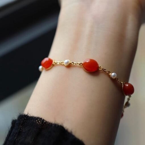 Natural red agate bracelet/Sterling 925Silver 18KGold-Plated agate  bracelet with pearls/Customize gift box/anniversary bracelet gift - Image 3