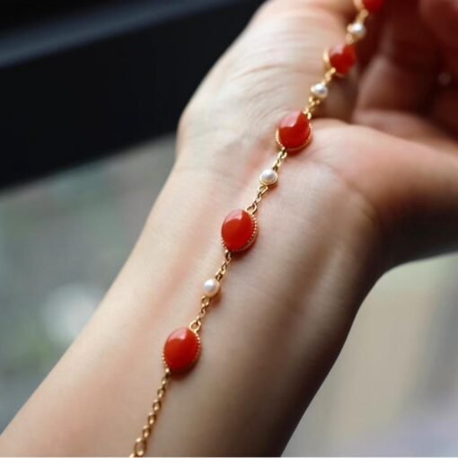 Natural red agate bracelet/Sterling 925Silver 18KGold-Plated agate  bracelet with pearls/Customize gift box/anniversary bracelet gift - Image 2