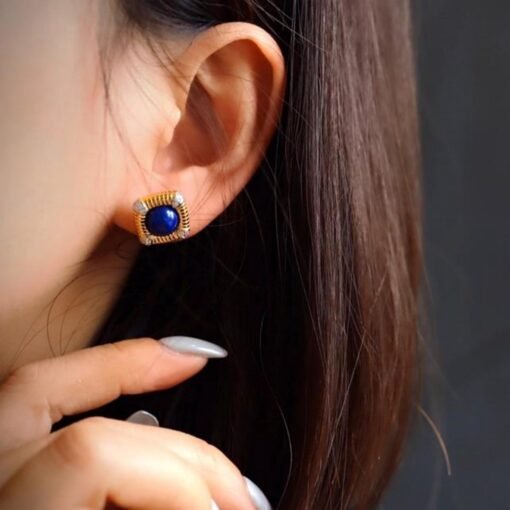 Natural Lapis lazuli Stud Earrings /Sterling 925-Silver Gold-Plated round Lapis lazuli Studs/Customize gift box/anniversary gift/retro court - Image 3
