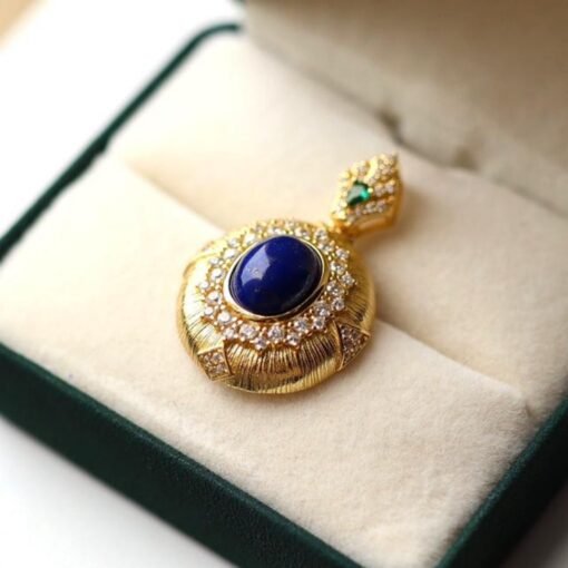 Natural Lapis lazuli pendant/Sterling 925Silver 18KGold-Plated oval Lapis lazuli pendant/Customize gift box/anniversary retro pendant silver - Image 2