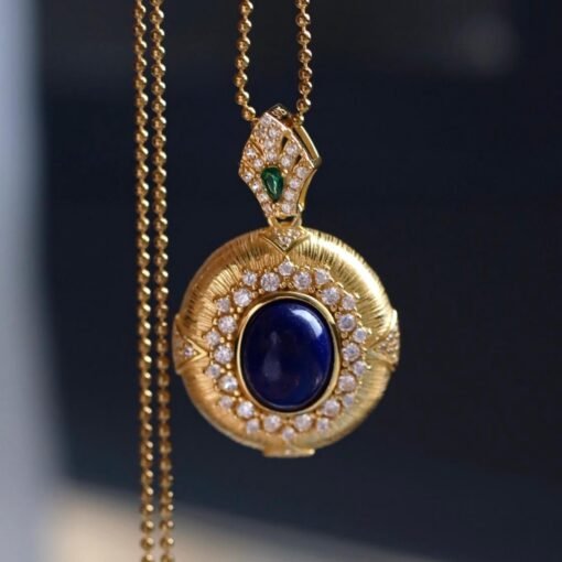 Natural Lapis lazuli pendant/Sterling 925Silver 18KGold-Plated oval Lapis lazuli pendant/Customize gift box/anniversary retro pendant silver - Image 4