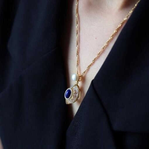 Natural Lapis lazuli pendant with White crystal/Sterling 925Silver 18KGold-Plated oval Lapis lazuli pendant/Customize gift box/anniversary - Image 3