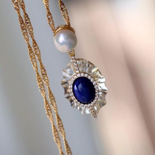 Natural Lapis lazuli pendant with White crystal/Sterling 925Silver 18KGold-Plated oval Lapis lazuli pendant/Customize gift box/anniversary - Image 4
