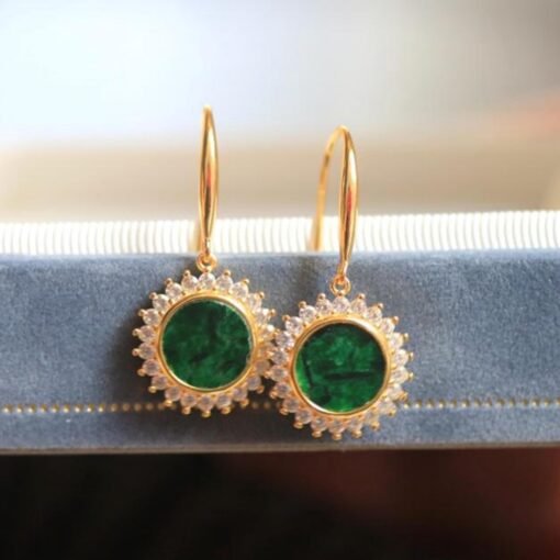 Natural green jadeite dangle Earrings /Sterling 925-Silver 18KGold-Plated jade drop/Customize gift box/anniversary gift/retro court earrings - Image 3