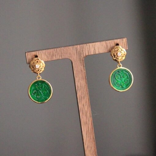 Natural green jadeite dangle Earrings /Sterling 925-Silver 18KGold-Plated jade drop/Customize gift box/anniversary Countess Flower earrings - Image 2