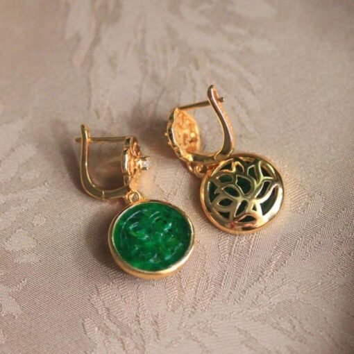 Natural green jadeite dangle Earrings /Sterling 925-Silver 18KGold-Plated jade drop/Customize gift box/anniversary Countess Flower earrings - Image 4