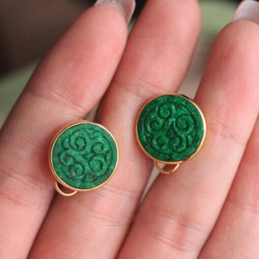 Natural green jadeite stud Earrings /Sterling 925-Silver 18KGold-Plated jade studs/Customize gift box/anniversary Countess Flower earrings - Image 5