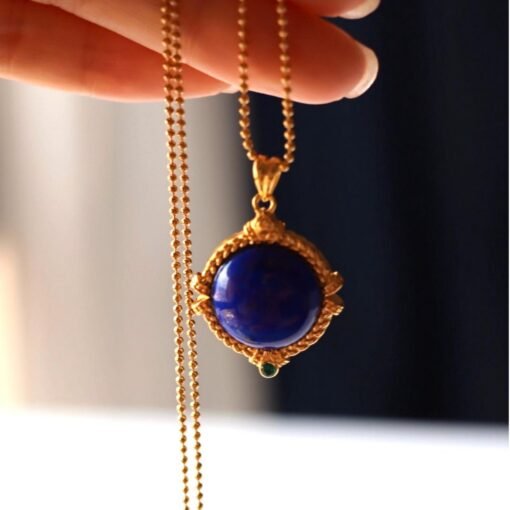 Genuine Lapis lazuli pendant/Sterling 925Silver 18KGold-Plated round Lapis lazuli pendant/Customize gift box/anniversary gift/retro pendant - Image 4