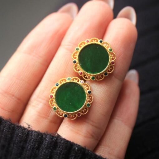 Natural jadeite stud Earrings /Sterling 925-Silver 18KGold-Plated green jade studs/Customize gift box/anniversary gift/flower earrings stud - Image 3
