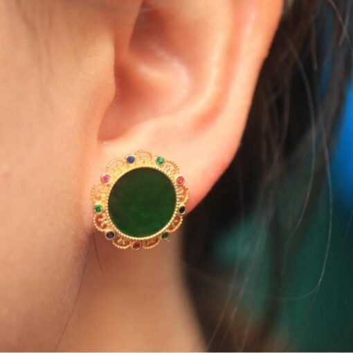 Natural jadeite stud Earrings /Sterling 925-Silver 18KGold-Plated green jade studs/Customize gift box/anniversary gift/flower earrings stud - Image 2