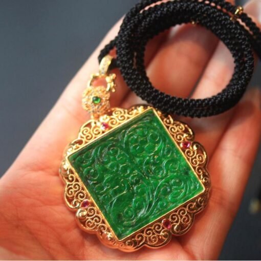 Natural green jade pendant/Sterling 925Silver 18KGold-Plated jadeite pendant/Customize gift box/anniversary gift/retro raw jade pendant - Image 2