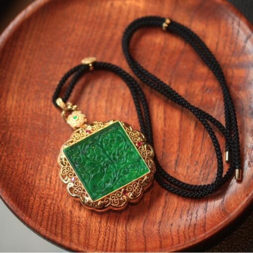Natural green jade pendant/Sterling 925Silver 18KGold-Plated jadeite pendant/Customize gift box/anniversary gift/retro raw jade pendant - Image 5
