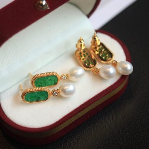 Natural green jadeite dangle Earrings with pearl/Sterling 925-Silver 18KGold-Plated jade drop/Customize gift box/unique pearl earrings gift - Image 5