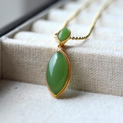 Natural green jade pendant/Sterling 925Silver 18KGold-Plated marquise jade pendant/Customize gift box/anniversary retro raw jade pendant - Image 2
