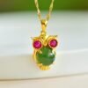 Natural green jade pendant/Sterling 925Silver 18KGold-Plated Owl pendant/Customize gift box/anniversary gift/raw jade pendant/Owl necklace