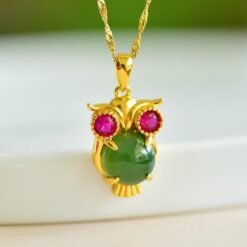 Natural green jade pendant/Sterling 925Silver 18KGold-Plated Owl pendant/Customize gift box/anniversary gift/raw jade pendant/Owl necklace