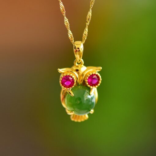 Natural green jade pendant/Sterling 925Silver 18KGold-Plated Owl pendant/Customize gift box/anniversary gift/raw jade pendant/Owl necklace - Image 4