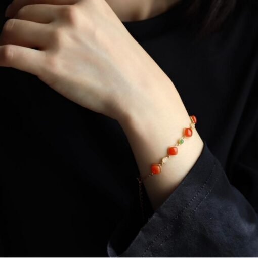 Natural red agate bracelet/Sterling 925Silver 18KGold-Plated agate  bracelet with green jade/Customize gift box/anniversary bracelet gift - Image 3