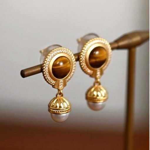 Natural Tiger's Eye dangle Earrings /Sterling 925Silver 18KGold-Plated Tiger's Eye drop/Customize gift box/European Vintage Style earrings - Image 2