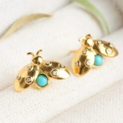 Genuine Turquoise stud Earrings /Sterling 925Silver 18KGold-Plated Turquoise studs/Customize gift box/December birthstone gift/Beetle studs