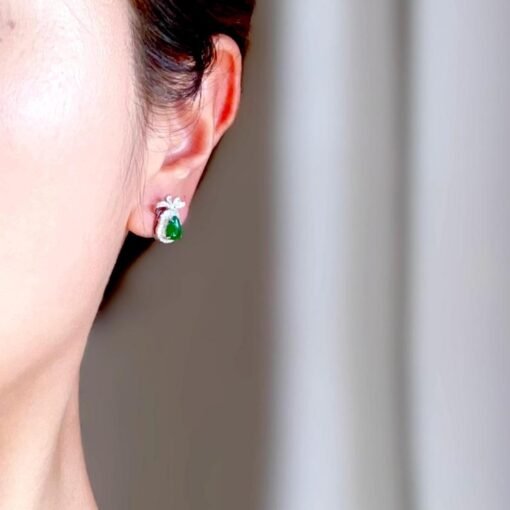Natural green jade Stud Earrings /Sterling 925-Silver 18KGold-Plated green jadeite Studs/Customize gift box/anniversary gift/gift for wife - Image 4