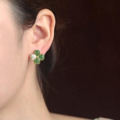 Natural green jade hoop Earrings/Sterling 925-Silver Gold-Plated Four-leaf clover jade hoops/Customize gift box/anniversary gift for her - Image 3
