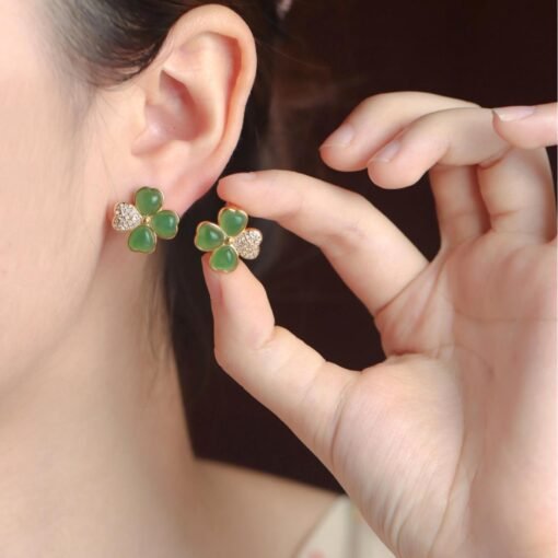 Natural green jade hoop Earrings/Sterling 925-Silver Gold-Plated Four-leaf clover jade hoops/Customize gift box/anniversary gift for her - Image 2