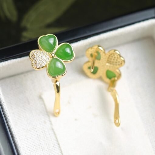 Natural green jade hoop Earrings/Sterling 925-Silver Gold-Plated Four-leaf clover jade hoops/Customize gift box/anniversary gift for her - Image 4