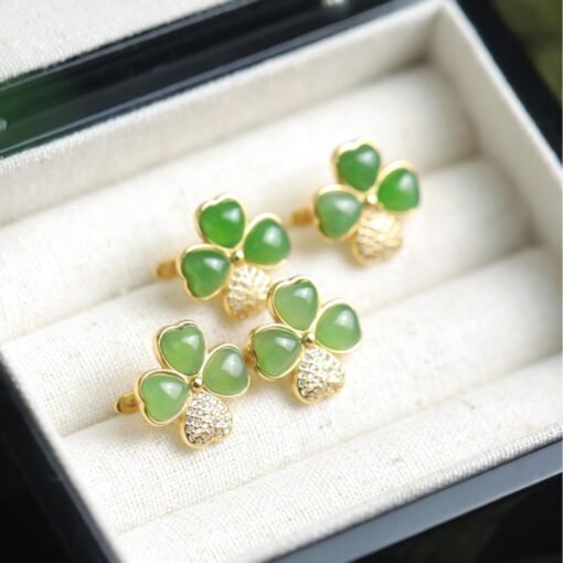 Natural green jade hoop Earrings/Sterling 925-Silver Gold-Plated Four-leaf clover jade hoops/Customize gift box/anniversary gift for her - Image 5