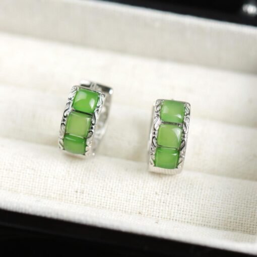 Natural green jade hoop Earrings /Sterling 925-Silver green Nephrite hoops/Customize gift box/anniversary gift/retro court hoop/gift for mum - Image 3