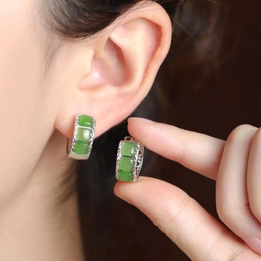 Natural green jade hoop Earrings /Sterling 925-Silver green Nephrite hoops/Customize gift box/anniversary gift/retro court hoop/gift for mum - Image 2