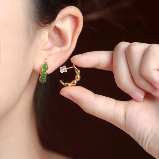 Natural green jade hoop Earrings /Sterling 925-Silver green Nephrite hoops/Customize gift box/anniversary gift/Simple pod-shaped earrings - Image 4