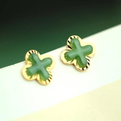 Natural green jade Stud Earrings /Sterling 925-Silver 18KGold-Plated jade Studs/Customize gift box/anniversary gift/Four-leaf clover earring - Image 3