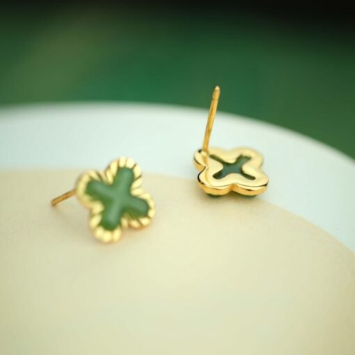 Natural green jade Stud Earrings /Sterling 925-Silver 18KGold-Plated jade Studs/Customize gift box/anniversary gift/Four-leaf clover earring - Image 4