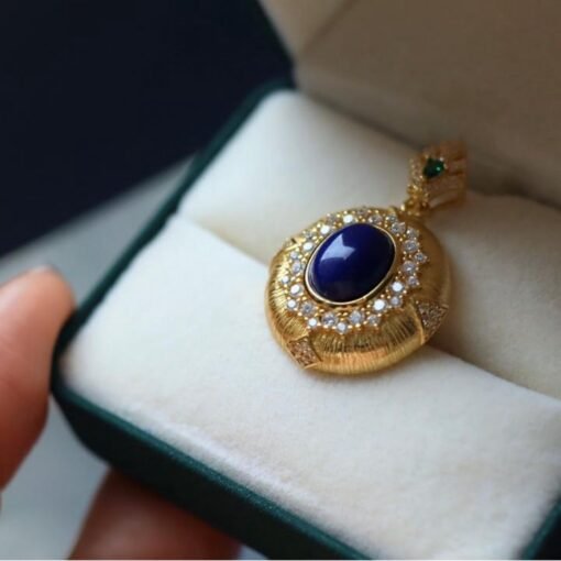 Natural Lapis lazuli pendant/Sterling 925Silver 18KGold-Plated oval Lapis lazuli pendant/Customize gift box/anniversary retro pendant silver - Image 5