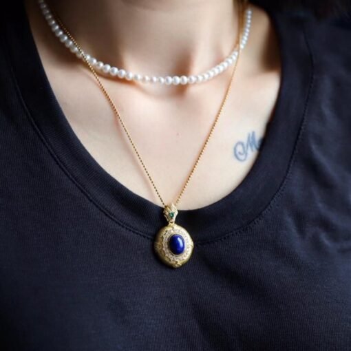 Natural Lapis lazuli pendant/Sterling 925Silver 18KGold-Plated oval Lapis lazuli pendant/Customize gift box/anniversary retro pendant silver - Image 3