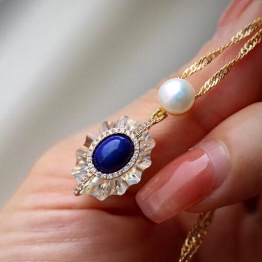 Natural Lapis lazuli pendant with White crystal/Sterling 925Silver 18KGold-Plated oval Lapis lazuli pendant/Customize gift box/anniversary - Image 2