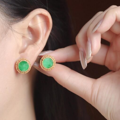 Natural green jade jadeite Stud Earrings /Sterling 925-Silver 18KGold-Plated jade Studs/Customize gift box/anniversary gift/retro earring - Image 2