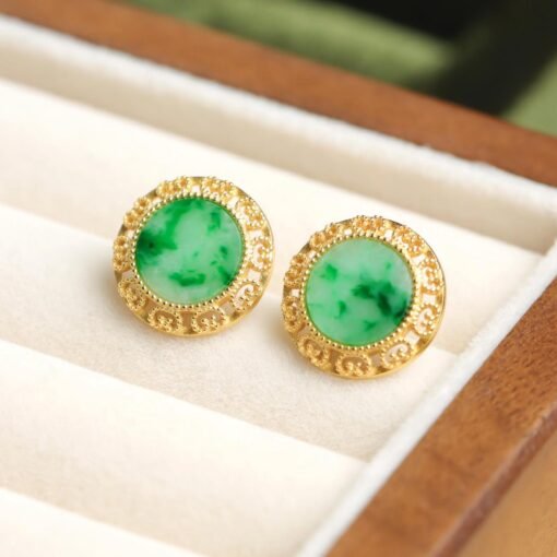 Natural green jade jadeite Stud Earrings /Sterling 925-Silver 18KGold-Plated jade Studs/Customize gift box/anniversary gift/retro earring - Image 3