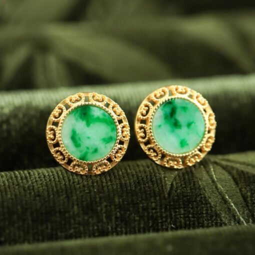 Natural green jade jadeite Stud Earrings /Sterling 925-Silver 18KGold-Plated jade Studs/Customize gift box/anniversary gift/retro earring