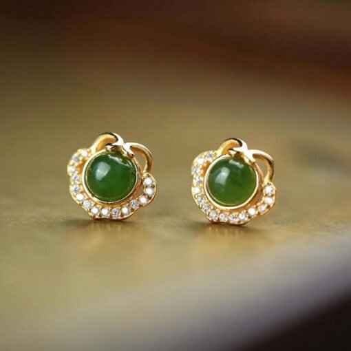 Natural green jade Stud Earrings/Sterling 925-Silver 18KGold-Plated jade Studs/Customize gift box/anniversary gift/cute butterfly earrings