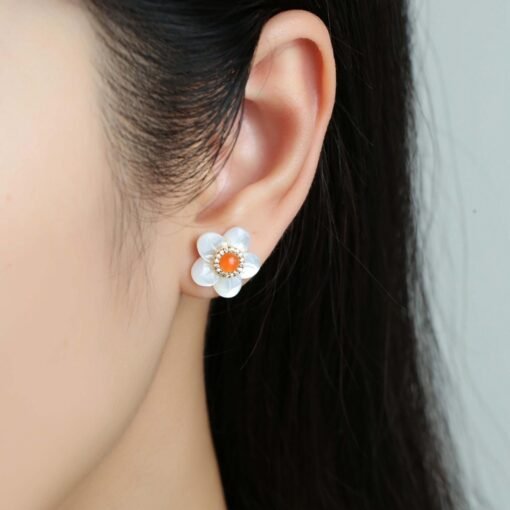Natural Red Agate Stud Earrings with white pearl/Sterling 925 Silver 18K Gold-Plated agate Studs/Customize gift box/handmade mother's gift - Image 2