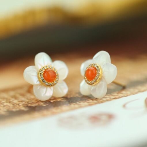 Natural Red Agate Stud Earrings with white pearl/Sterling 925 Silver 18K Gold-Plated agate Studs/Customize gift box/handmade mother's gift - Image 3