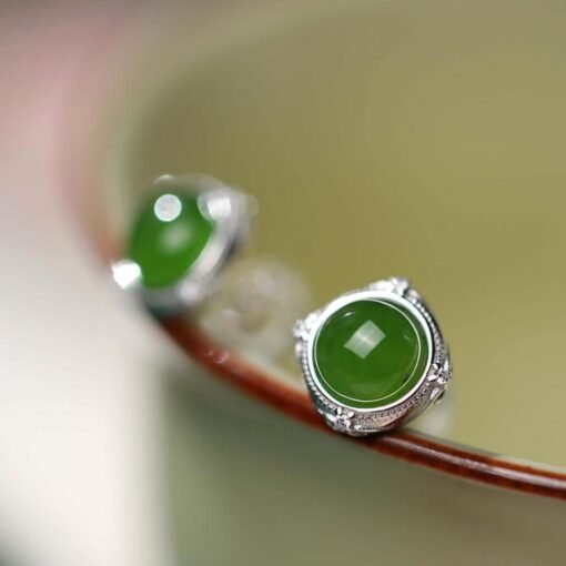 Natural green jade Stud Earrings/Sterling 925-Silver 18KGold-Plated jade Studs/Customize gift box/anniversary gift/ins style earrings - Image 4