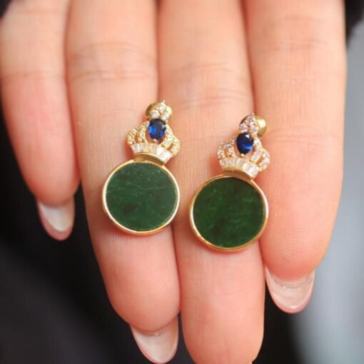 Natural green jadeite dangle Earrings /Sterling 925-Silver 18KGold-Plated jade drop/Customize gift box/anniversary gift/retro Crown earrings - Image 4